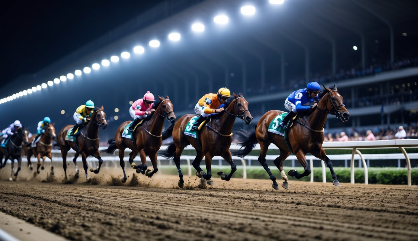 Adegan balap kuda malam hari dengan kuda dan joki yang sedang berlari kencang di lintasan yang diterangi lampu stadion.