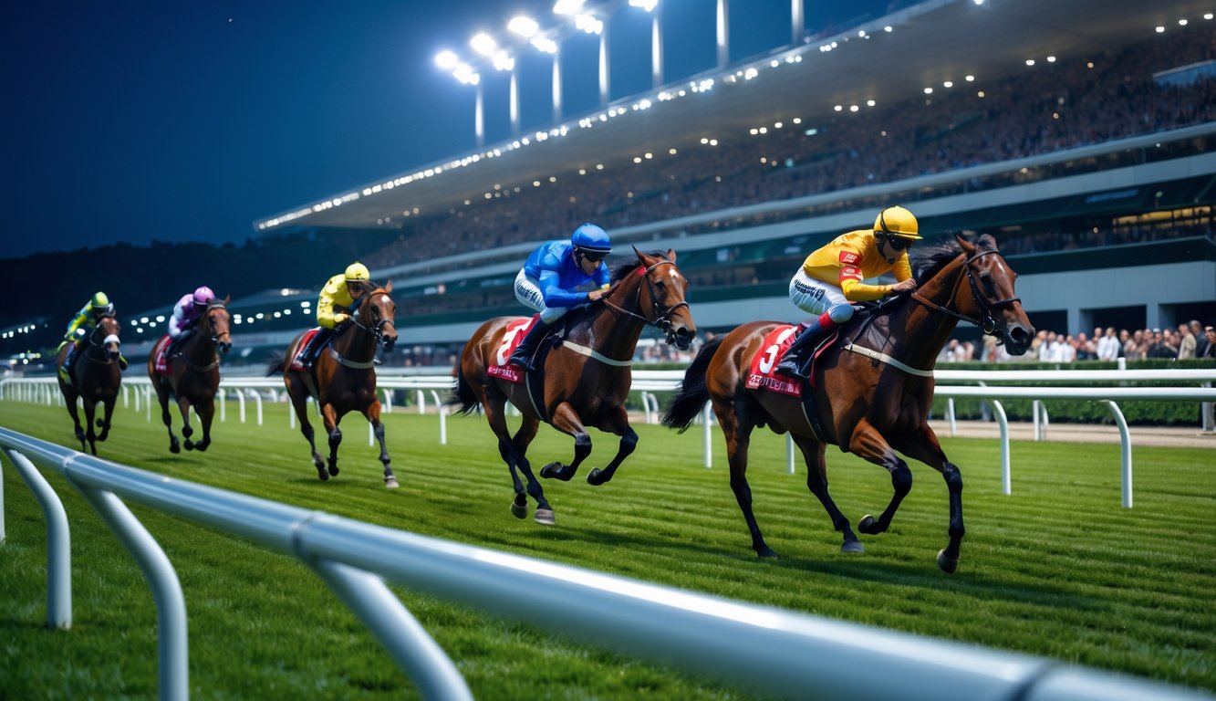 Beberapa kuda balap kuat sedang berlari cepat di lintasan malam hari dengan joki mengenakan pakaian balap berwarna-warni dan penonton menyaksikan dari tribun.