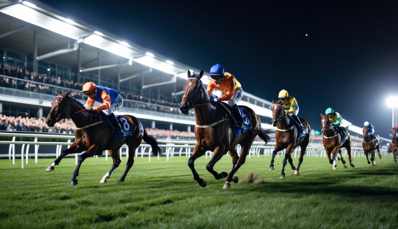 Balapan kuda malam hari dengan beberapa kuda dan joki yang sedang berlari cepat di lintasan, dikelilingi penonton dan lampu stadion.
