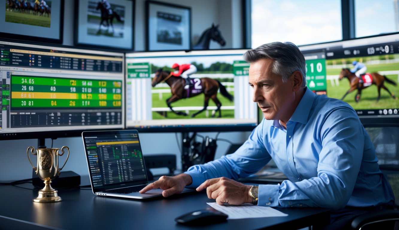 Seorang ahli balap kuda sedang menganalisis data balapan malam hari di sebuah kantor modern.