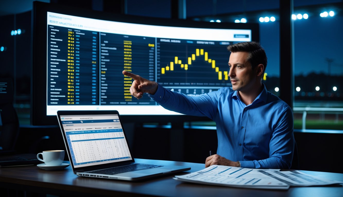 Seorang pakar balap kuda sedang menganalisis data balapan malam hari di dalam ruangan dengan layar digital dan peralatan kerja.