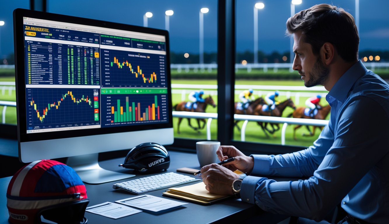 Seseorang sedang menganalisis data balap kuda malam hari di depan komputer dengan trek balap kuda yang terang di latar belakang.