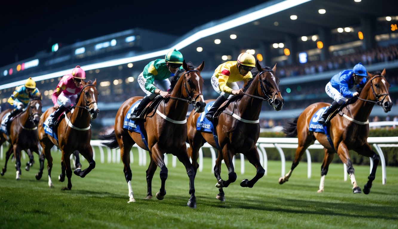 Beberapa kuda pacuan berlari cepat di lintasan balap malam hari dengan joki mengenakan pakaian warna-warni dan penonton di tribun.