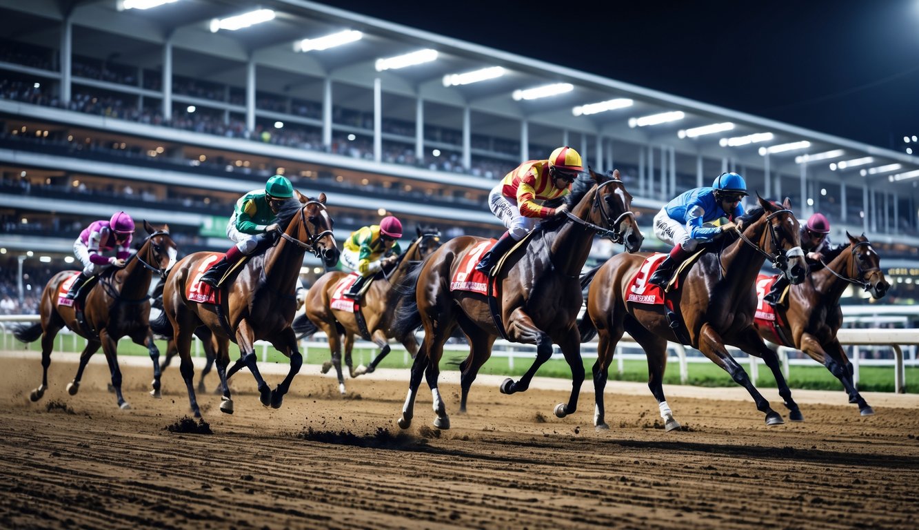 Balapan kuda malam hari dengan beberapa kuda dan joki sedang berlari di lintasan, penonton terlihat di tribun belakang.