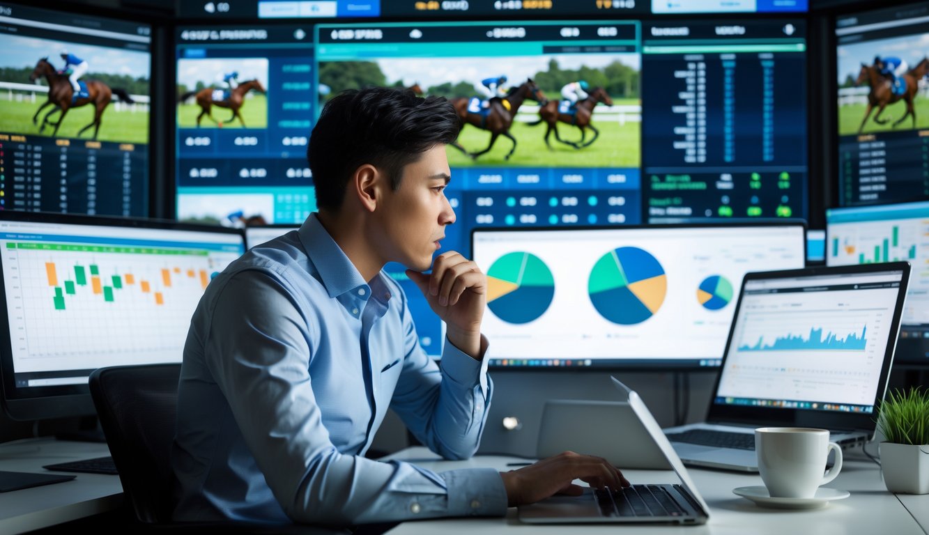 Seorang individu sedang menganalisis data balap kuda dengan layar digital dan grafik di sebuah ruang kerja modern.