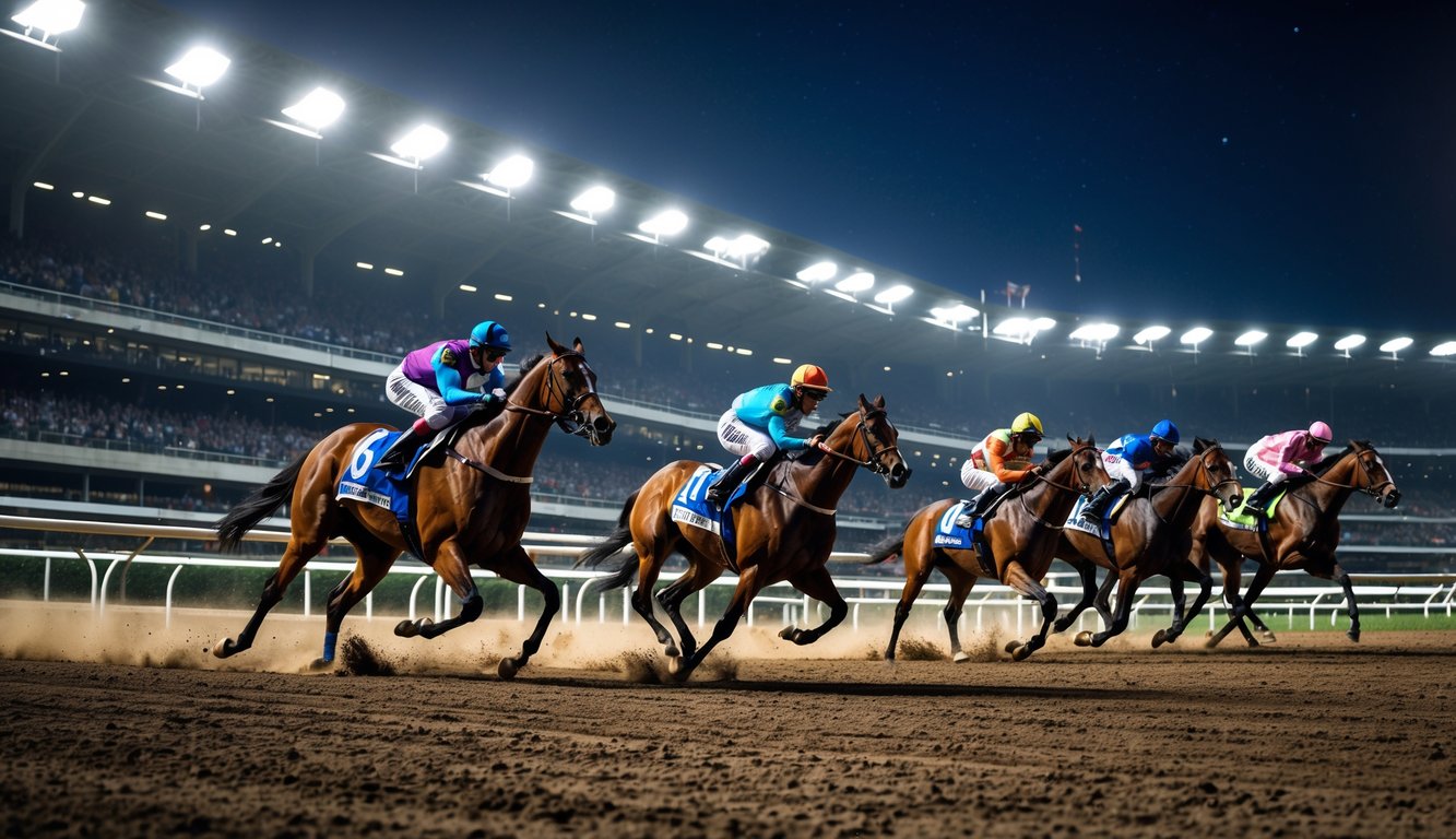 Balapan kuda malam hari dengan beberapa kuda dan joki berlomba di lintasan, latar belakang tribun penonton yang terang benderang.