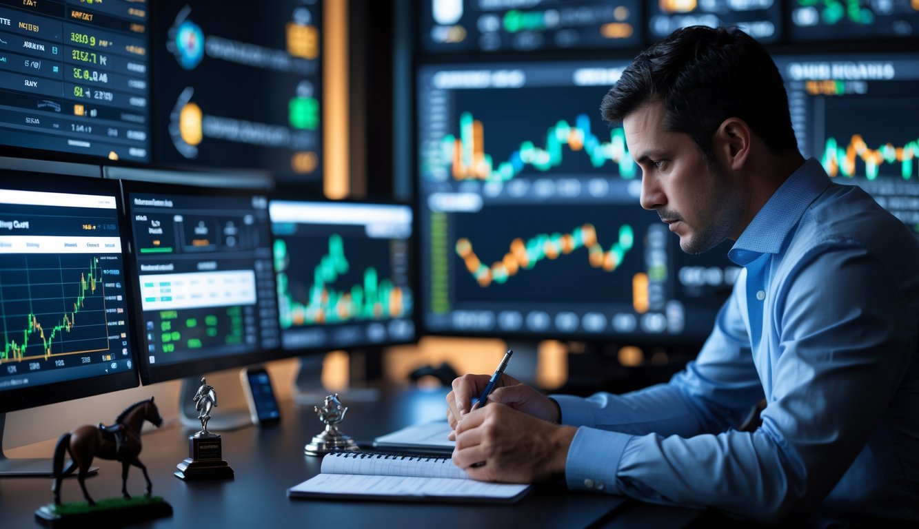 Seorang analis sedang mempelajari statistik balap kuda malam hari di ruang kerja dengan layar komputer dan data balap kuda.