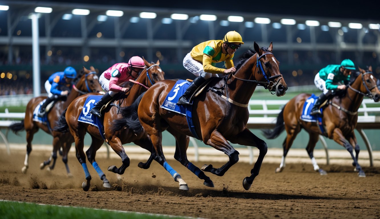 Balapan kuda malam hari dengan beberapa kuda kuat dan joki yang sedang berlari cepat di lintasan yang diterangi lampu stadion.
