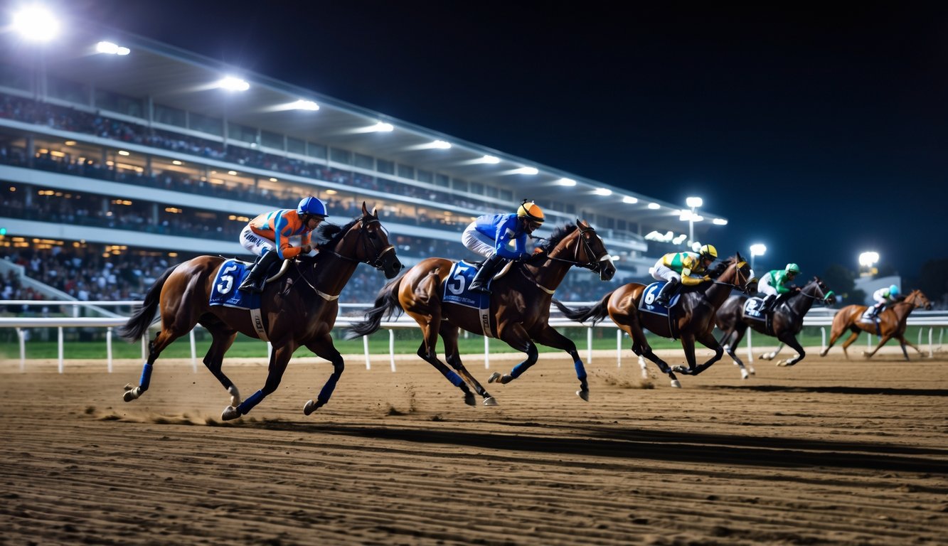Balapan kuda malam hari dengan beberapa kuda dan joki berlomba di lintasan dengan penonton di tribun.