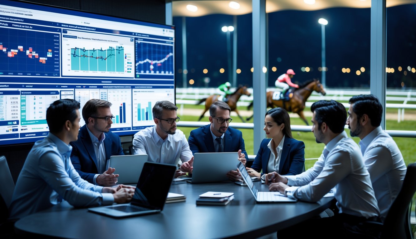 Sekelompok analis yang fokus berdiskusi di ruang malam hari dengan layar besar menampilkan data kuda dan performa balap, dengan lintasan balap kuda terlihat di latar belakang.