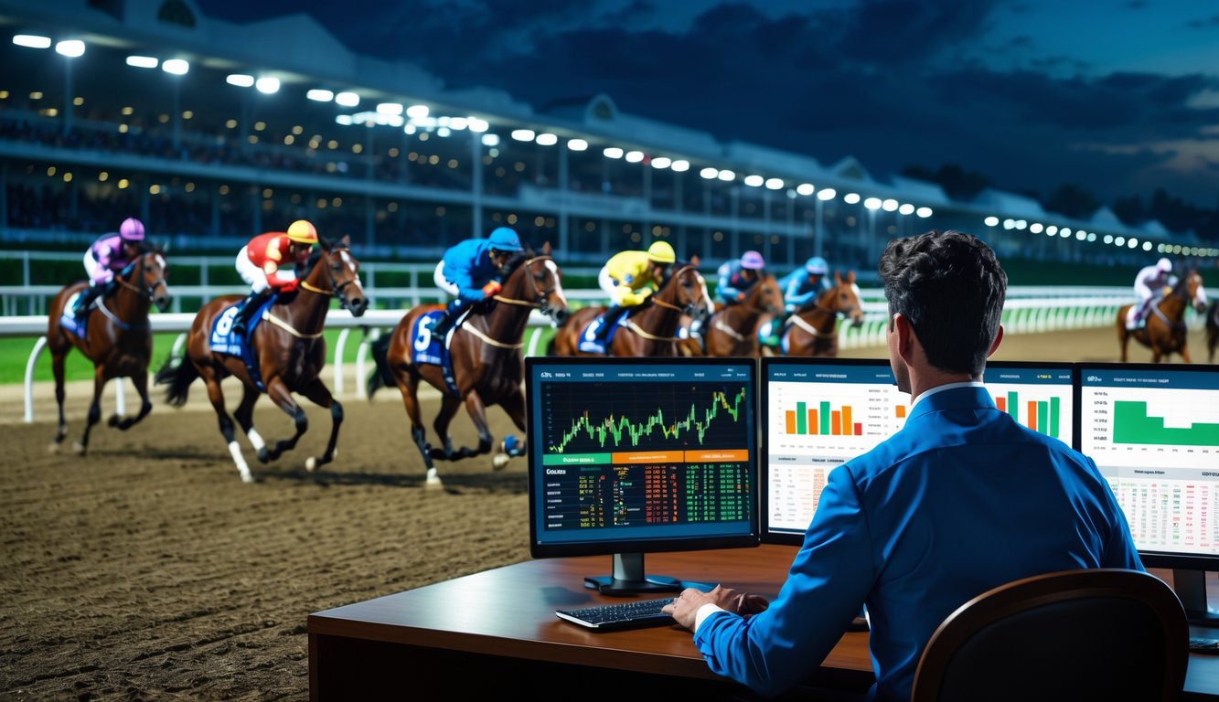 Adegan malam di lintasan balap kuda dengan kuda berlari dan seorang analis yang memeriksa data performa kuda pada layar digital.