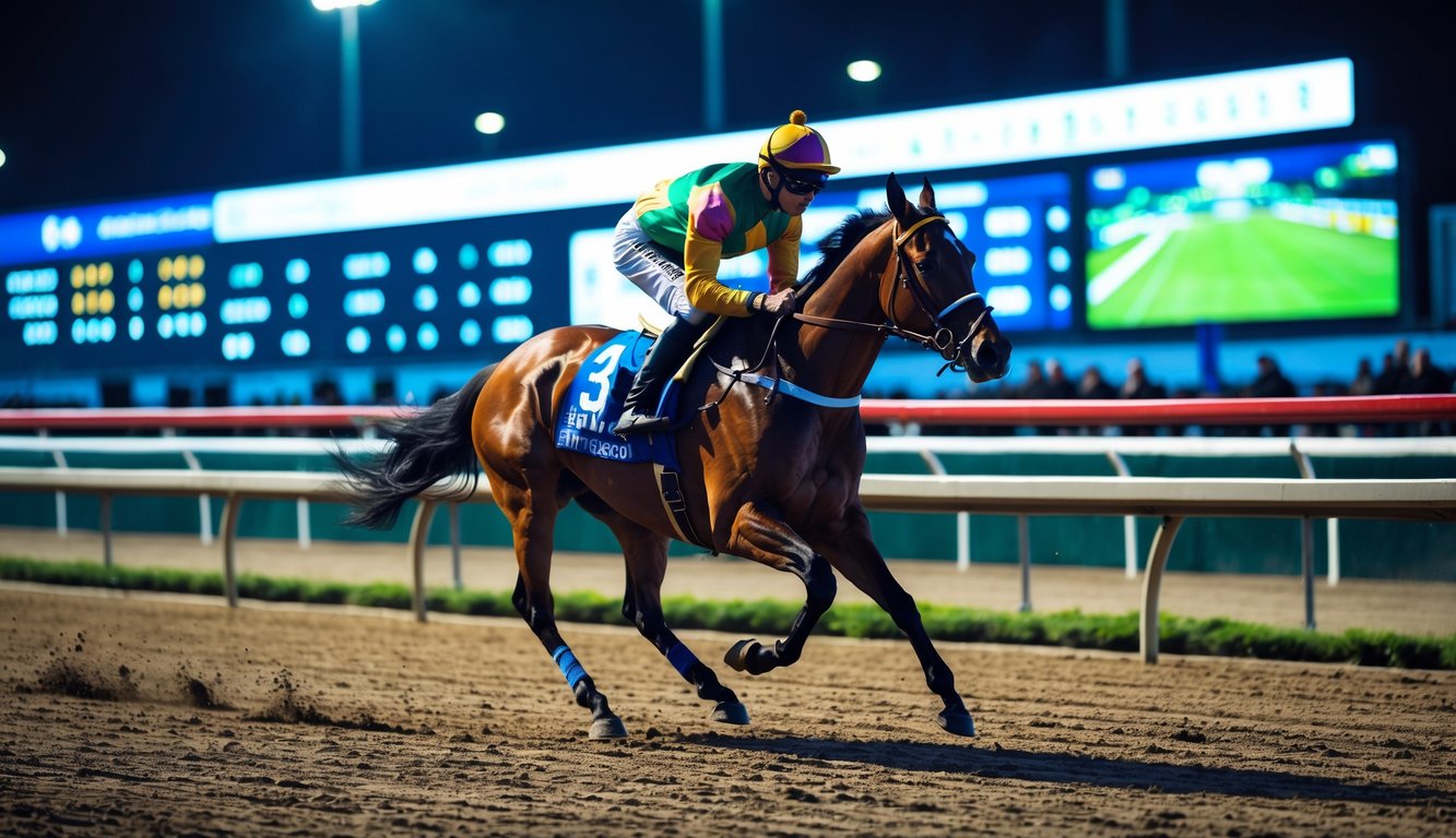Seekor kuda pacu sedang berlari cepat di lintasan malam hari dengan joki mengenakan pakaian balap warna-warni, latar belakang penonton dan layar digital menampilkan data balapan.