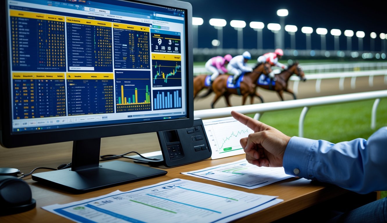 Seorang analis menunjuk layar komputer dengan data balap kuda, latar belakang menampilkan kuda berlari di lintasan malam hari.