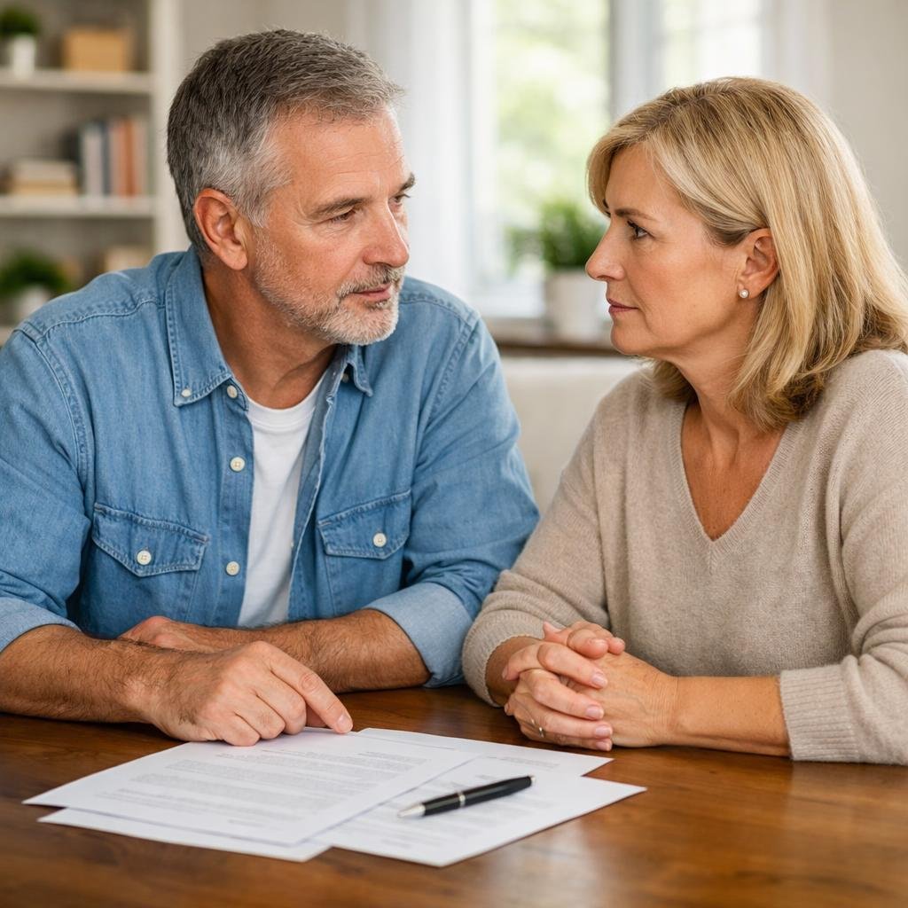 Ett moget par sitter vid ett bord och diskuterar viktiga dokument i ett ljust vardagsrum.