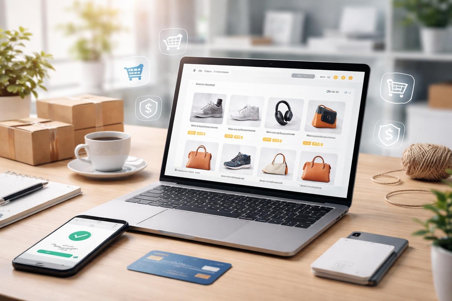 Ein moderner Arbeitsplatz mit Laptop, der eine Online-Shopping-Website zeigt, umgeben von Smartphone, Kreditkarte und Kaffeetasse.