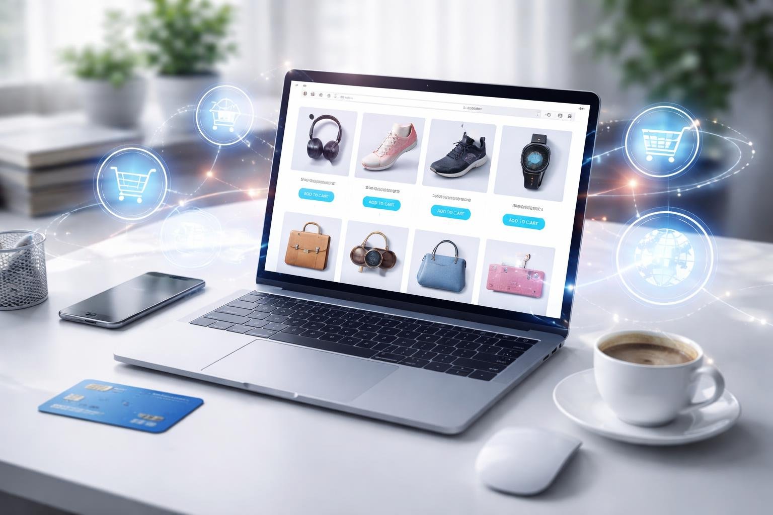 Ein moderner Arbeitsplatz mit einem Laptop, der eine Online-Shopping-Website zeigt, umgeben von digitalen Symbolen f&uuml;r Online-Einkauf und globaler Vernetzung.