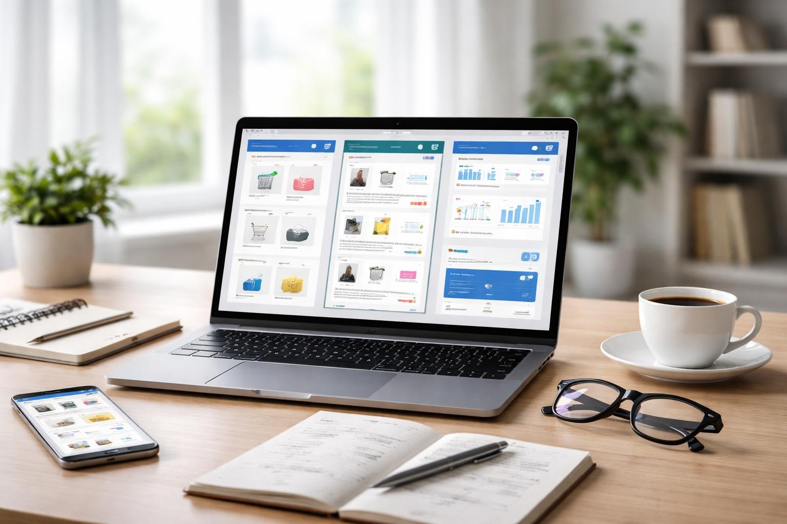 Ein moderner Arbeitsplatz mit Laptop, Smartphone und B&uuml;romaterialien, der die Nutzung von E-Commerce-Plattformen zeigt.