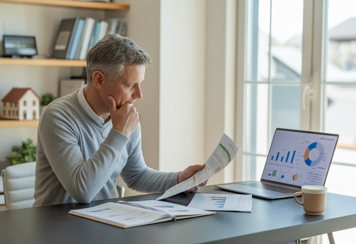A person sitting at a desk reviewing documents and a laptop, preparing to sell a rental property.