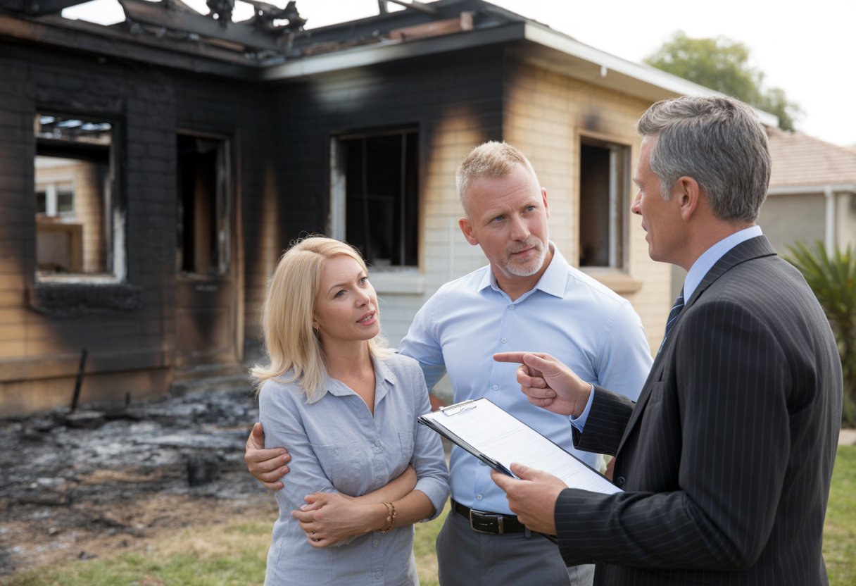 A real estate agent talks with a couple outside a fire-damaged house with charred walls and broken windows.