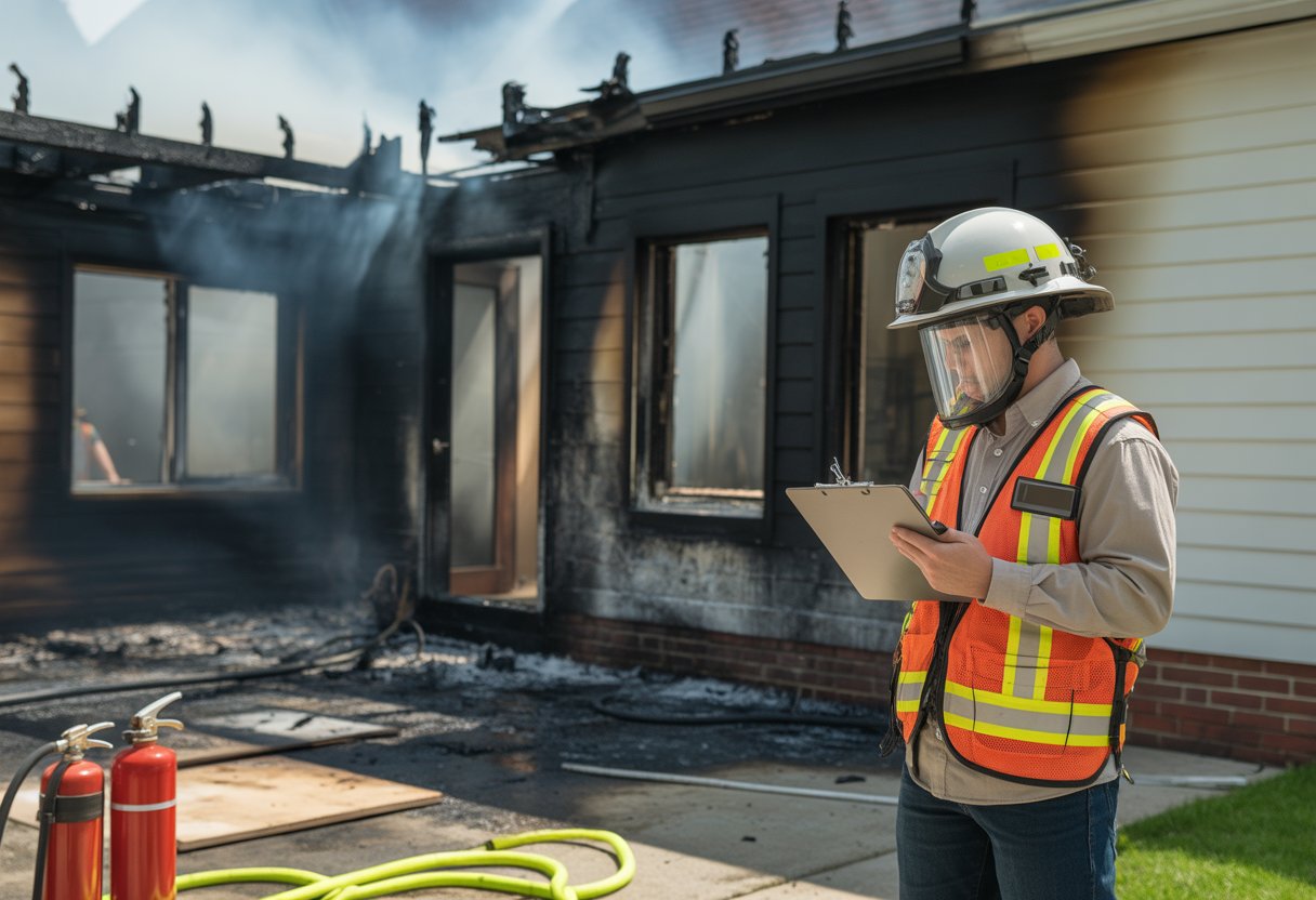 A fire damage expert inspects a partially burnt house with charred walls and broken windows after a fire.