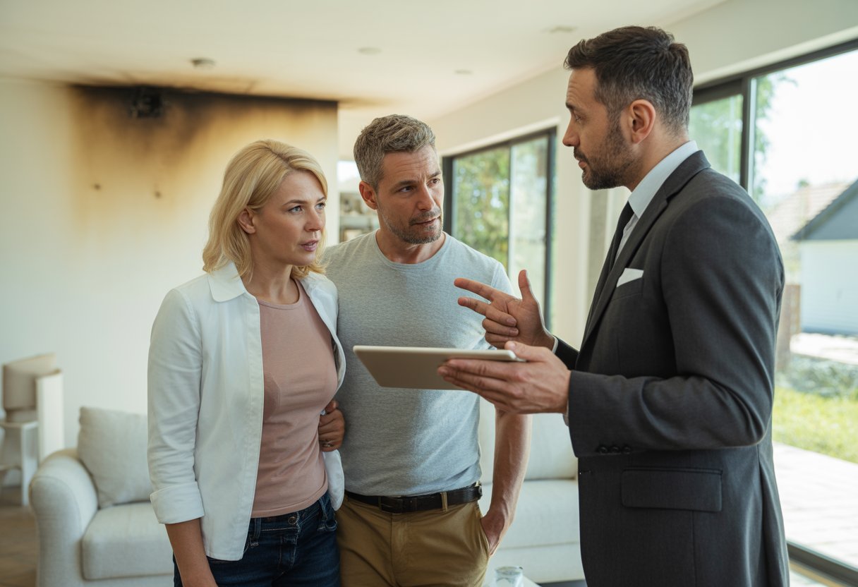 A real estate agent talking with a couple in a living room showing minor fire damage on the walls.
