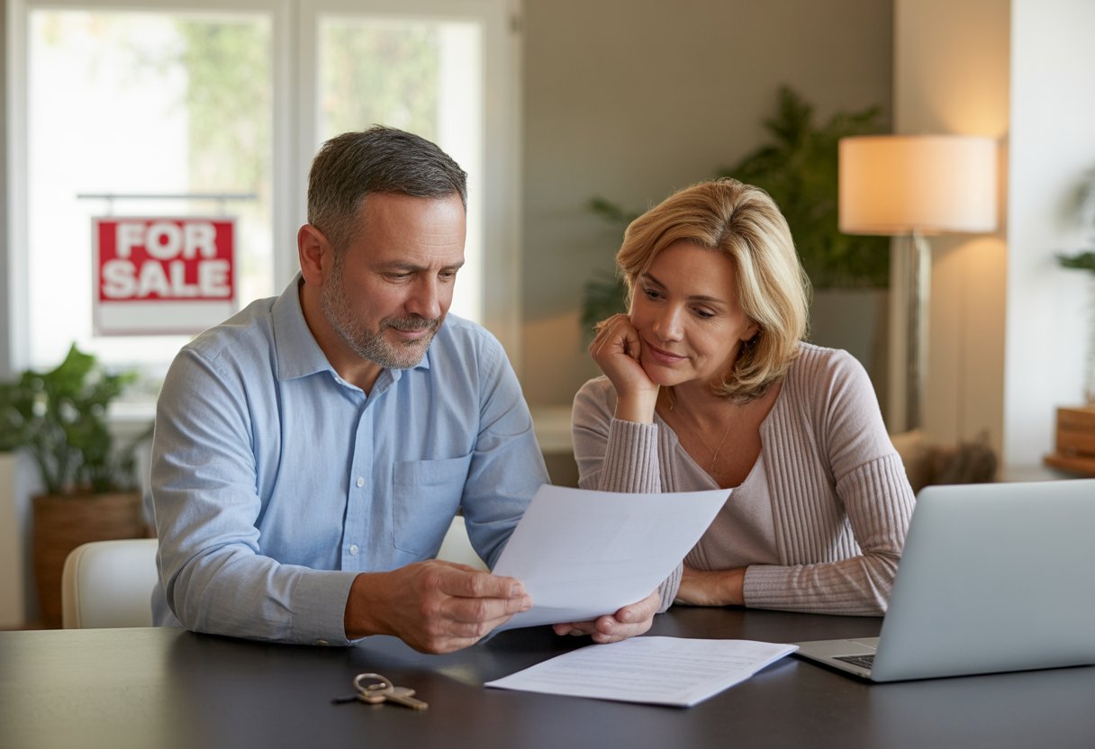 A middle-aged couple sitting at a dining table reviewing paperwork together in a home setting.