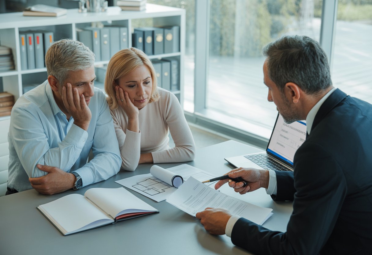A couple discussing legal paperwork with a lawyer in a bright office, focusing on documents related to selling a house during divorce.