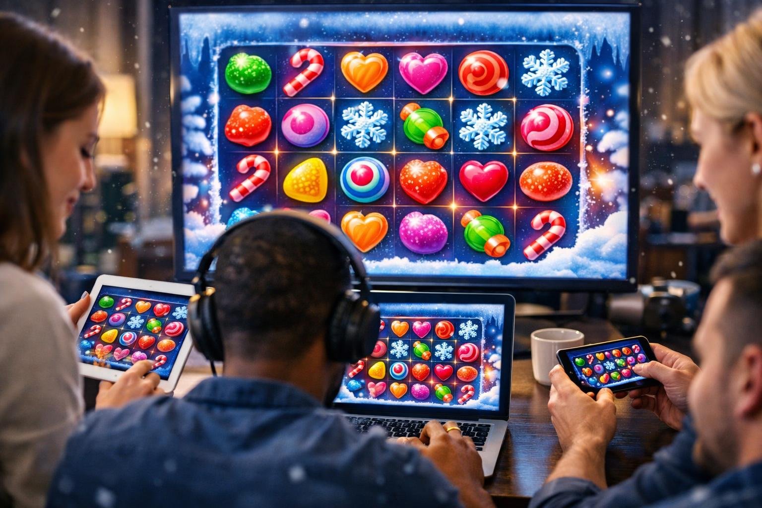 Orang-orang bermain game slot online bertema gula dan salju di perangkat digital dalam ruangan modern dengan suasana hangat dan bersalju.