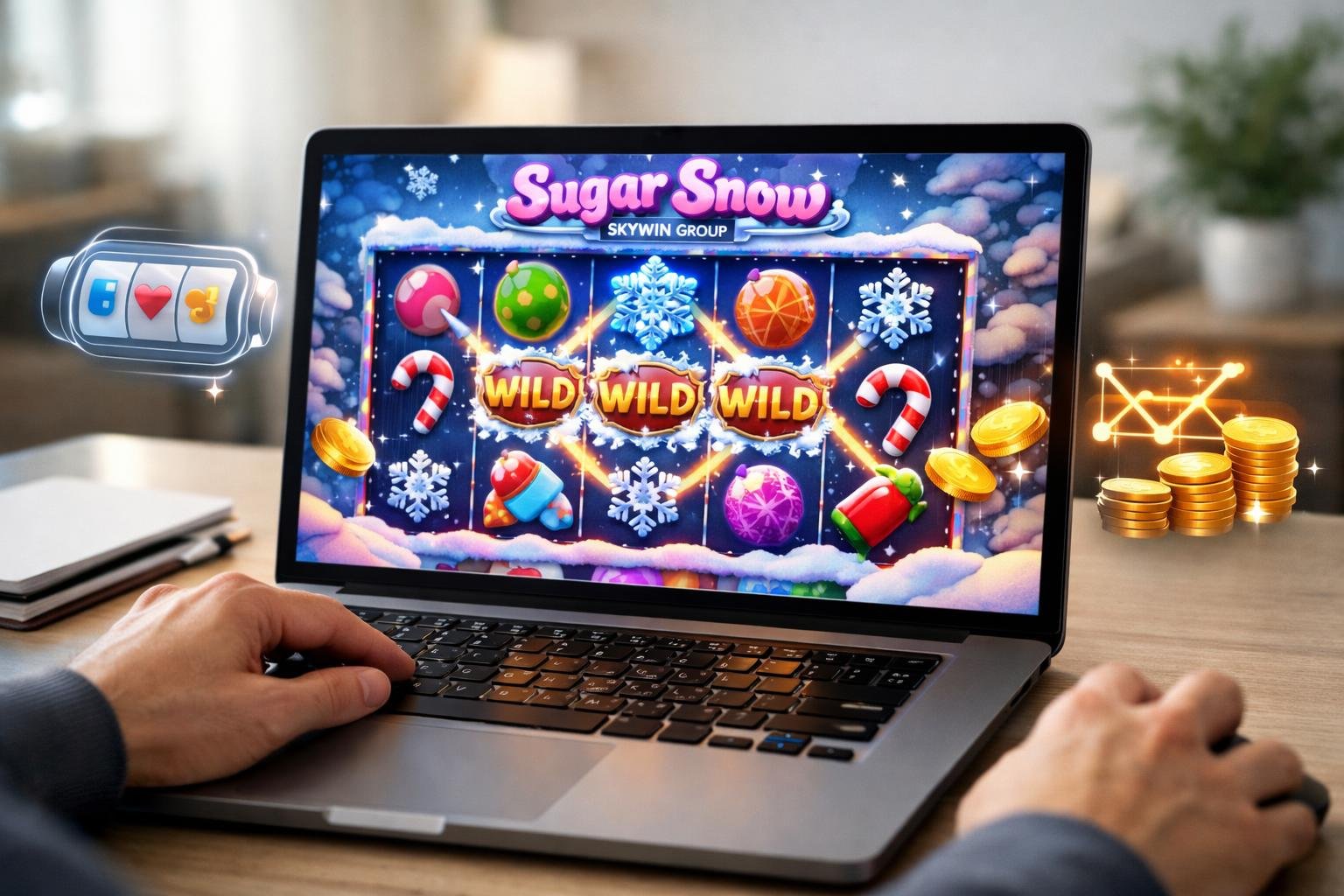 Seseorang sedang bermain game slot online Sugar Snow di komputer dengan latar belakang ruangan yang nyaman.