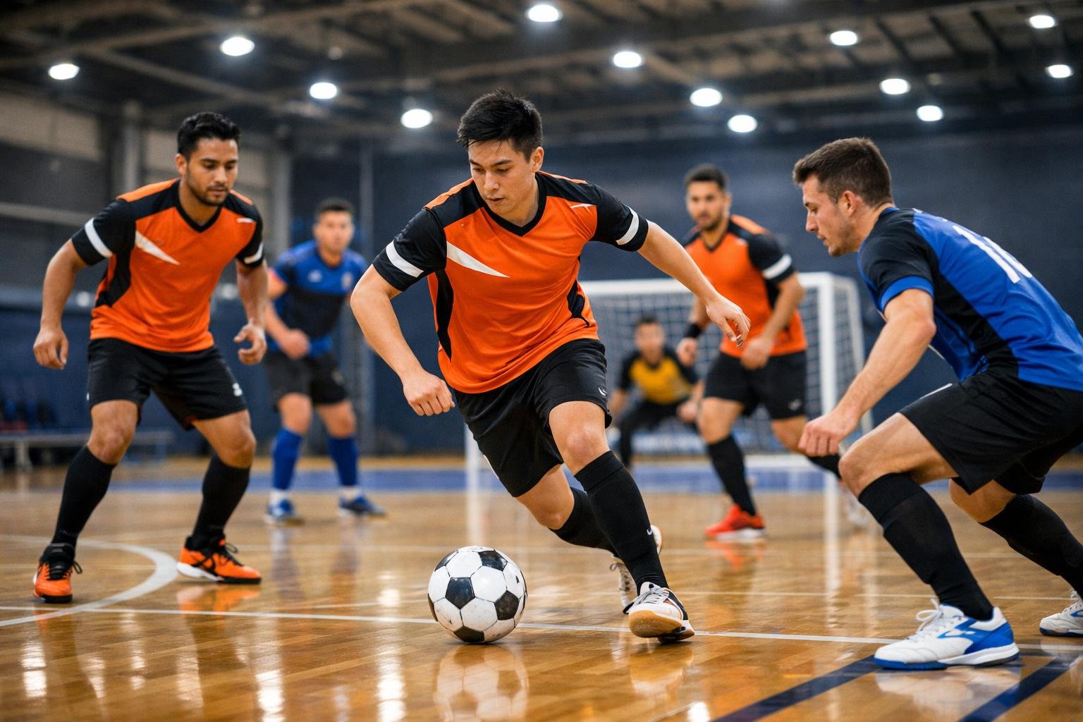 Sejumlah pemain futsal sedang bermain di lapangan dalam ruangan dengan seragam tim yang seragam, menunjukkan aktivitas klub futsal Kancil BBK.