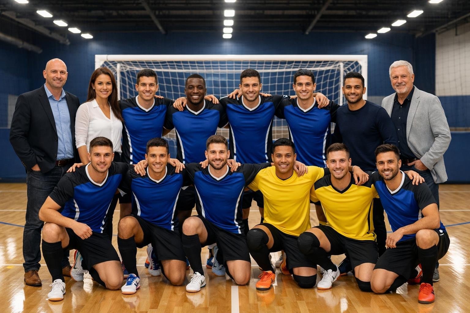 Sekelompok pemain futsal dan manajemen berdiri bersama di lapangan futsal dalam ruangan, mengenakan seragam olahraga dan pakaian kasual rapi.