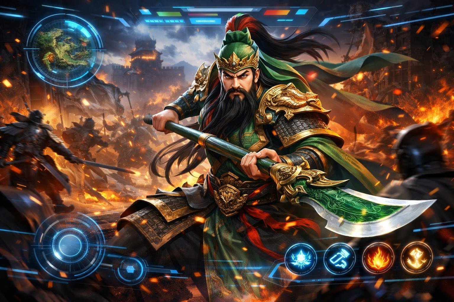 Karakter pahlawan bertema Guan Yu dalam pertempuran digital dengan latar belakang elemen antarmuka permainan futuristik.