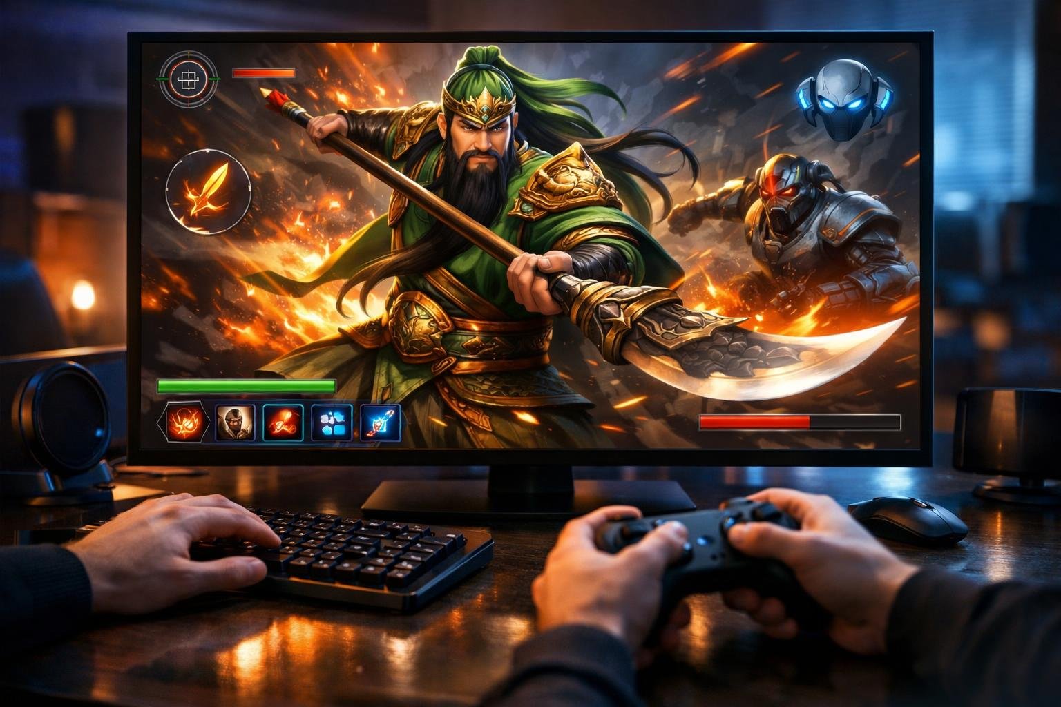 Seorang pemain sedang menggunakan perangkat game modern dengan layar yang menampilkan karakter Guan Yu dalam permainan online, di lingkungan gaming yang terang dan modern.