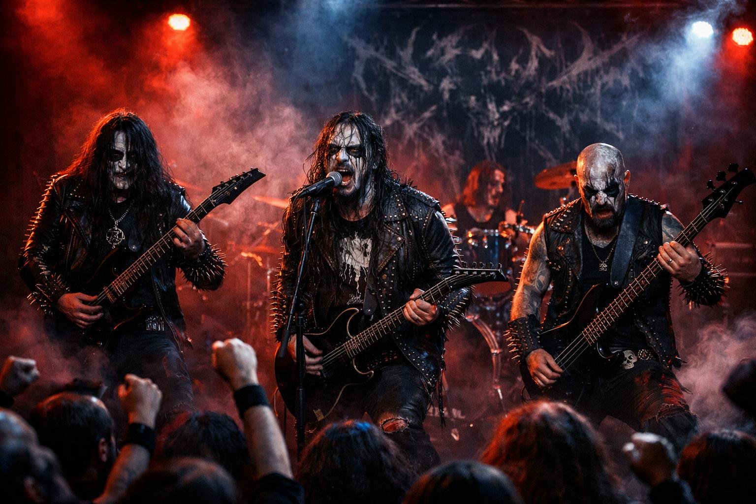 Band blackened death metal sedang tampil di atas panggung dengan pencahayaan merah dan biru, di depan kerumunan penonton yang antusias.