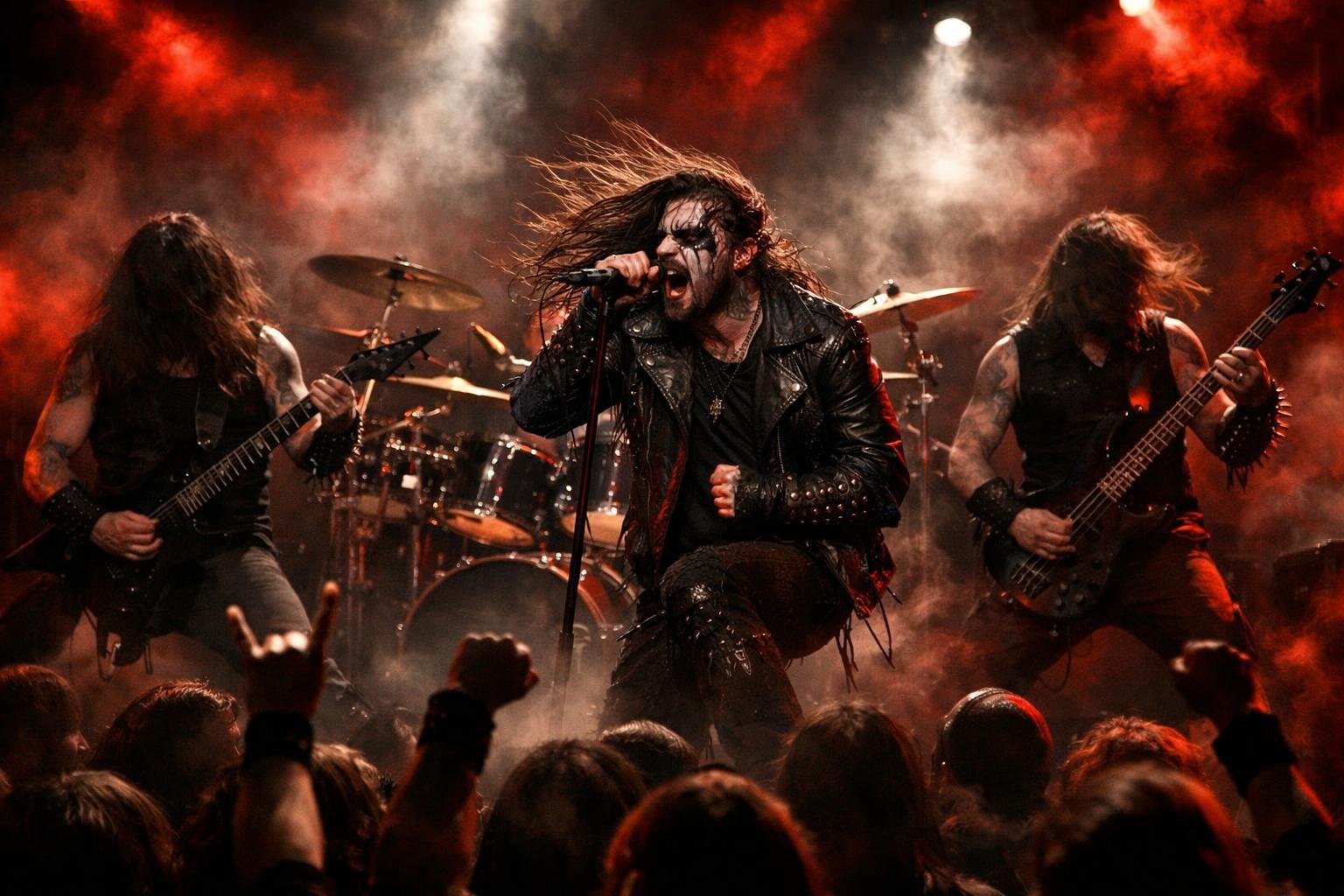 Pertunjukan langsung sebuah band blackened death metal dengan anggota band sedang bermain alat musik di atas panggung dan penonton yang antusias di depan.