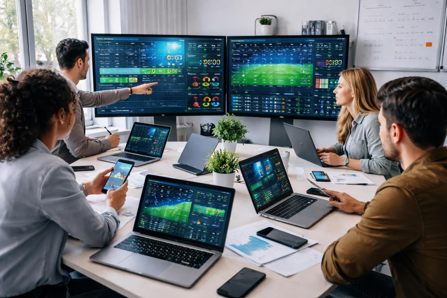 Beberapa orang sedang bekerja bersama di kantor dengan layar menampilkan statistik pertandingan sepak bola dan data taruhan.
