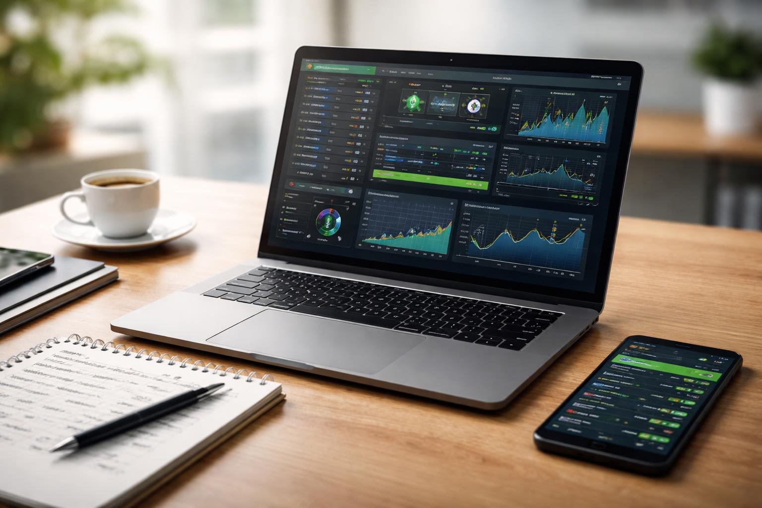 Seorang analis olahraga sedang bekerja dengan laptop yang menampilkan statistik pertandingan dan grafik, di meja terdapat catatan, pena, kopi, dan ponsel.