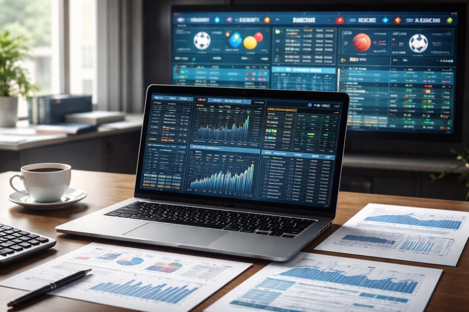Meja kerja modern dengan laptop yang menampilkan data taruhan olahraga, kertas laporan statistik, dan layar digital dengan ikon olahraga di latar belakang.