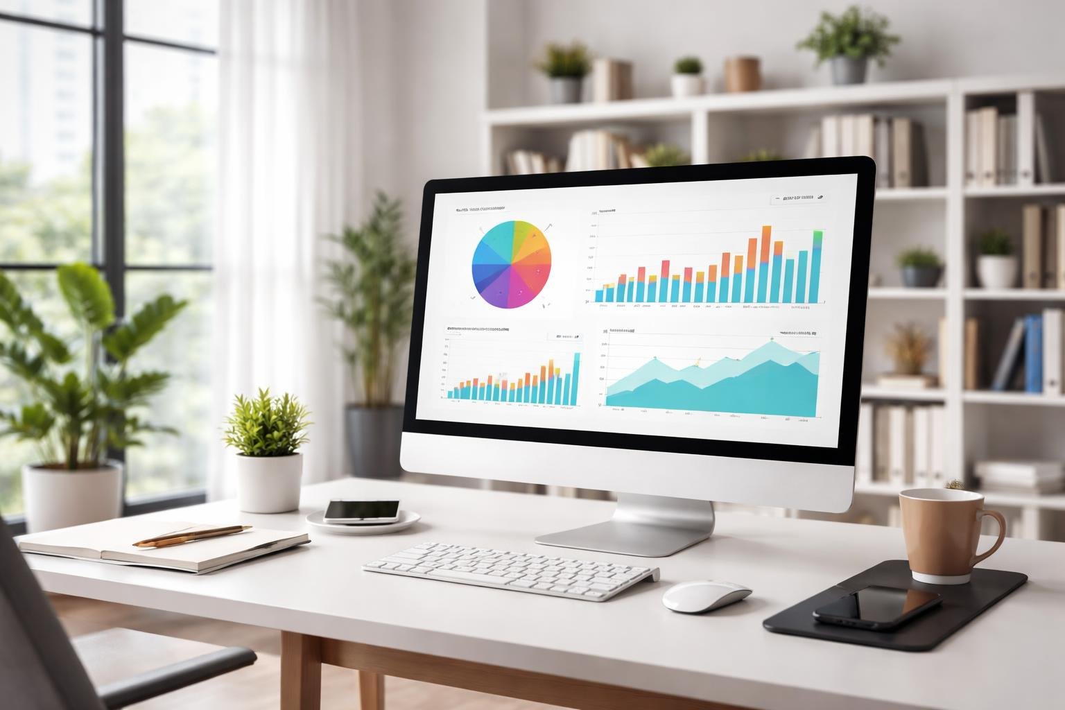 Suasana kantor modern dengan meja bersih, komputer layar besar menampilkan grafik, dan cahaya alami masuk melalui jendela besar.