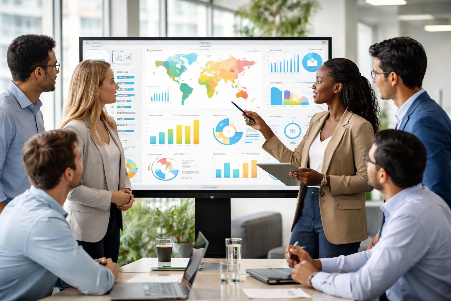 Sekelompok profesional sedang berdiskusi di kantor modern dengan layar digital yang menampilkan grafik dan data tentang pengembangan manusia.