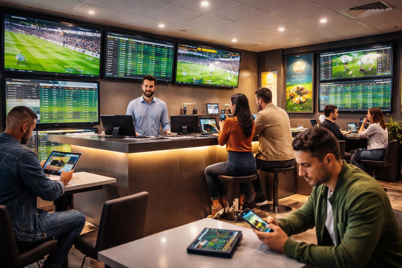 Kantor agen bola dengan beberapa orang sedang memasang taruhan di depan layar yang menampilkan pertandingan sepak bola.