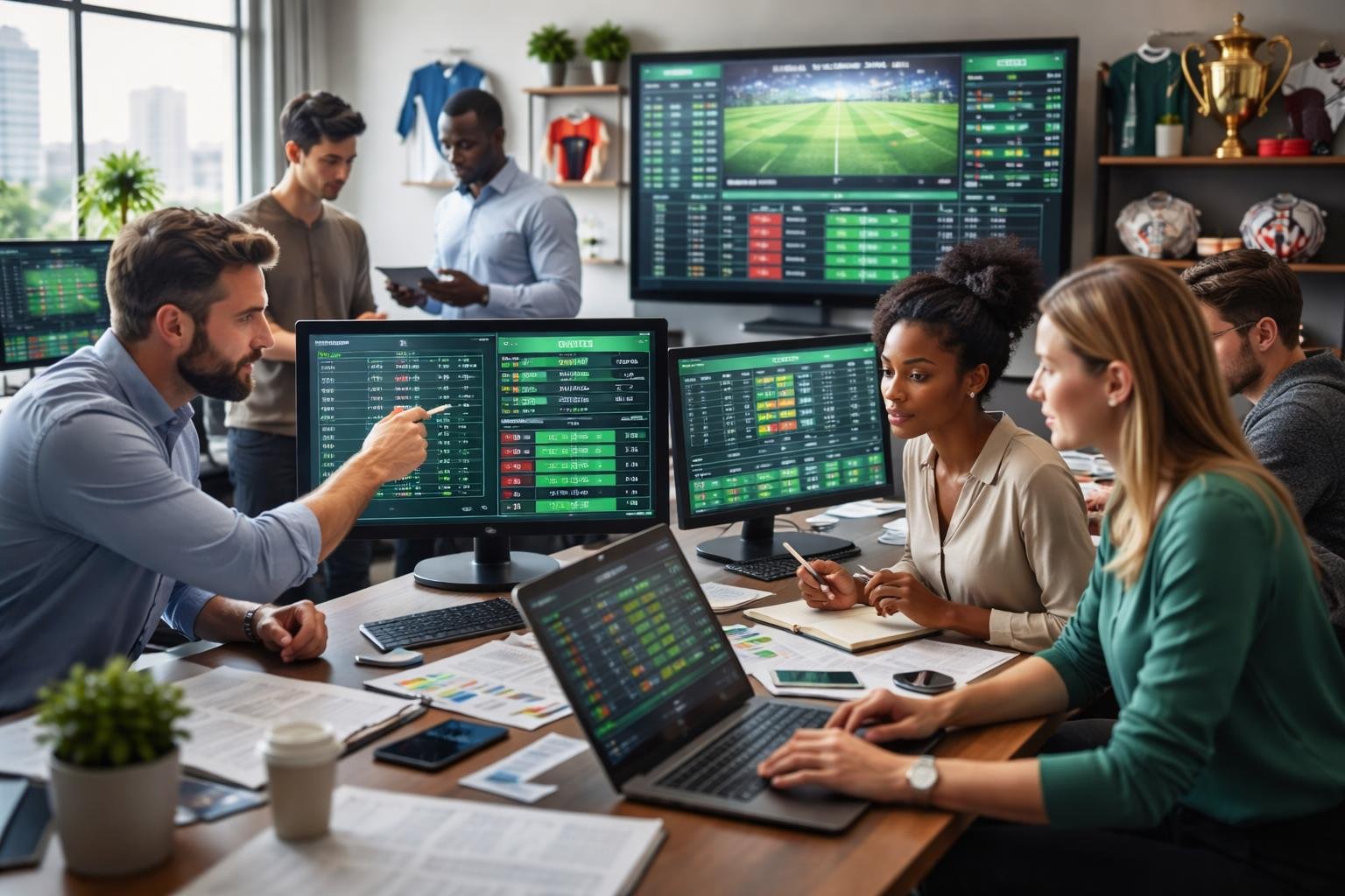 Sejumlah orang di kantor modern sedang berdiskusi dan menganalisis pertandingan sepak bola dengan layar komputer yang menampilkan statistik dan peluang taruhan.