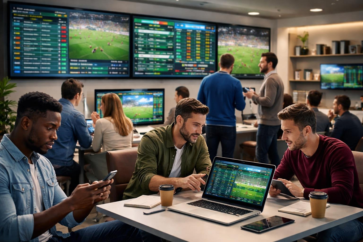 Orang-orang sedang menggunakan perangkat elektronik untuk memasang taruhan sepak bola di lingkungan modern dengan layar yang menampilkan pertandingan dan statistik.