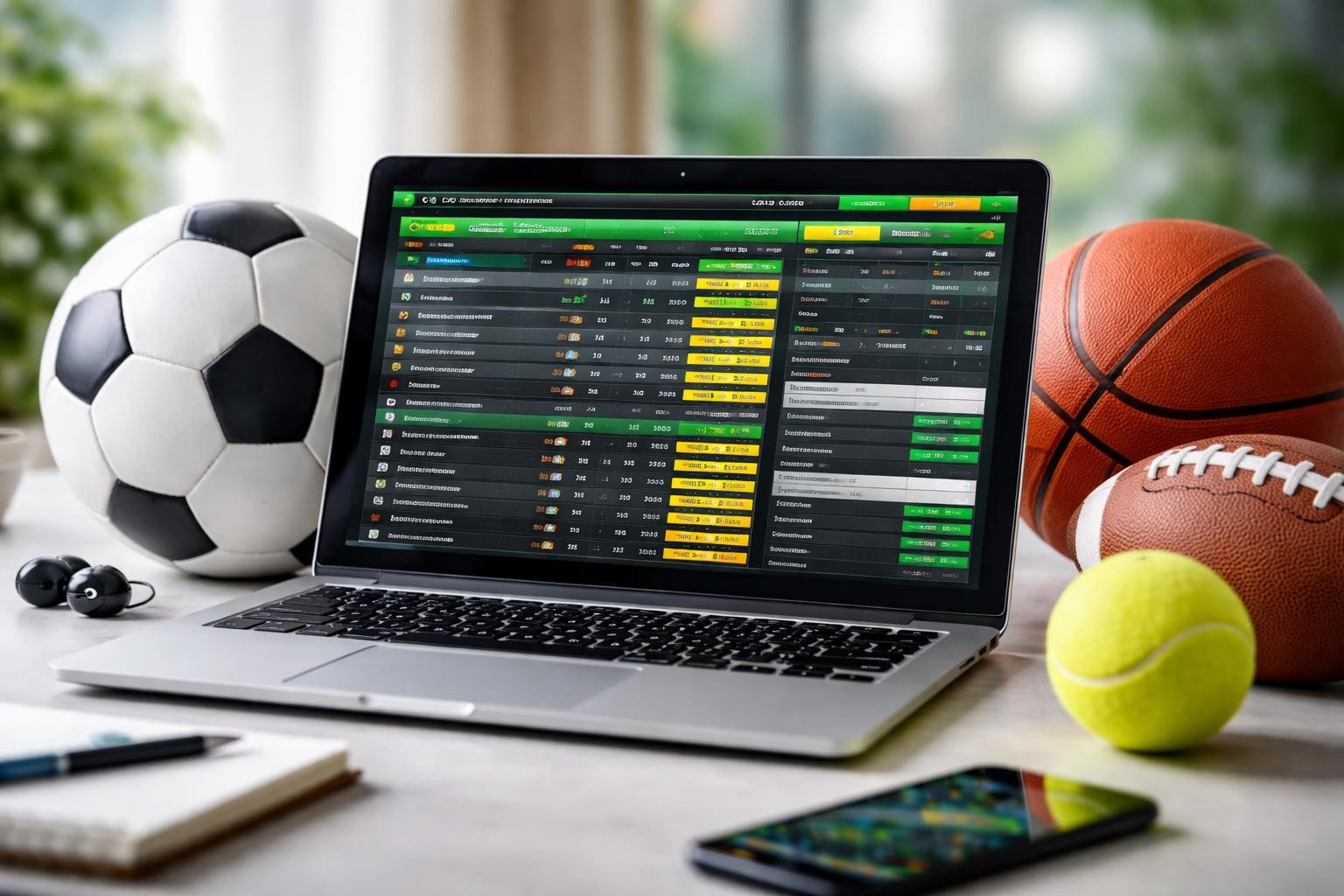 Seorang pria menggunakan laptop dengan tampilan taruhan olahraga di meja yang dikelilingi bola sepak, bola basket, dan bola tenis.