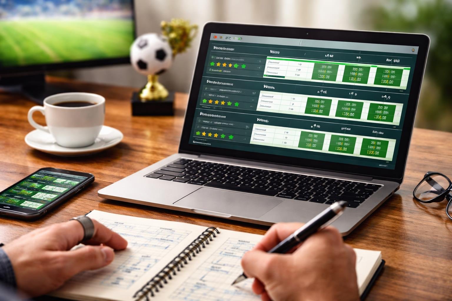 Seorang pria sedang menganalisis data taruhan bola di meja kerja dengan laptop, ponsel, dan alat tulis di sekitarnya.