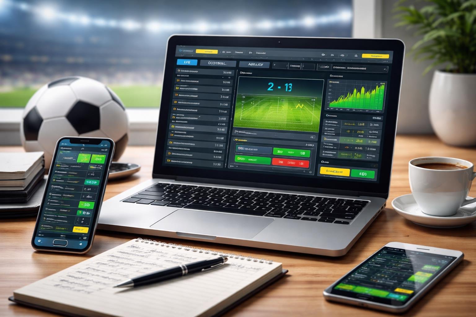 Meja kerja modern dengan laptop menampilkan pertandingan sepak bola, ponsel dengan peluang taruhan, dan catatan di sampingnya.
