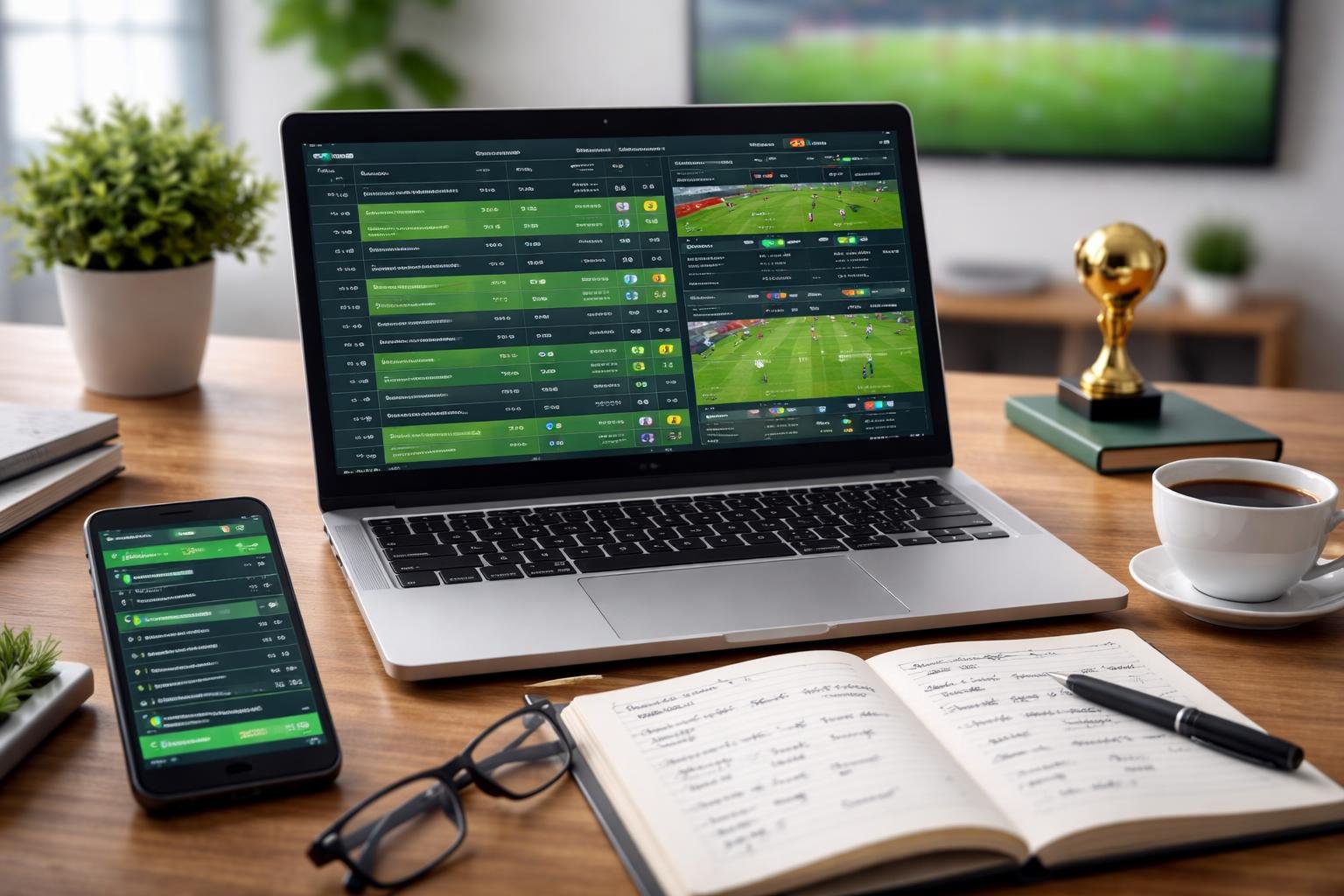 Meja kerja dengan laptop dan ponsel yang menampilkan data pertandingan sepak bola dan aplikasi taruhan, dengan suasana kantor yang rapi dan pencahayaan terang.