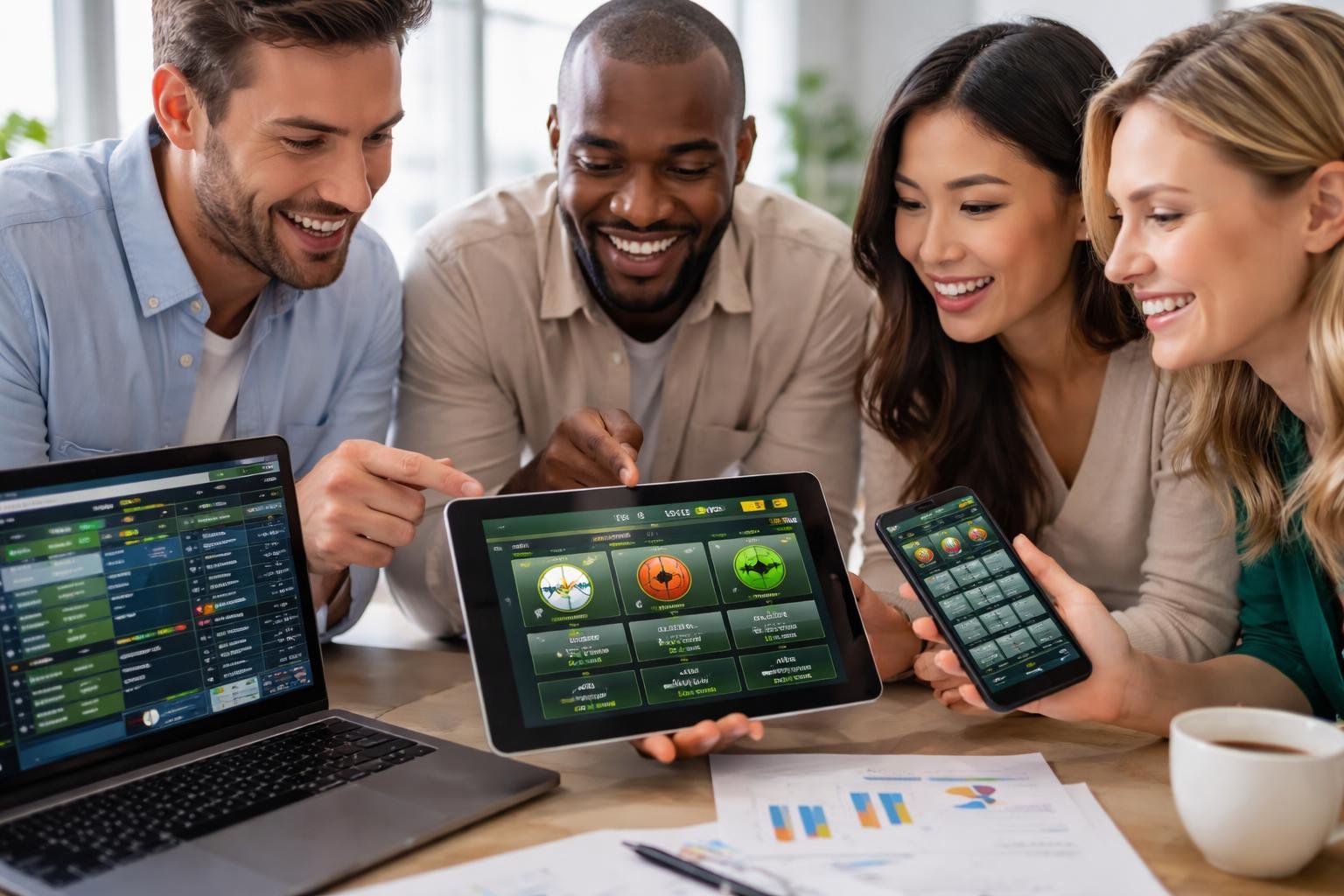 Sekelompok orang menggunakan tablet dan smartphone untuk melihat peluang taruhan olahraga secara bersama-sama di ruangan terang.