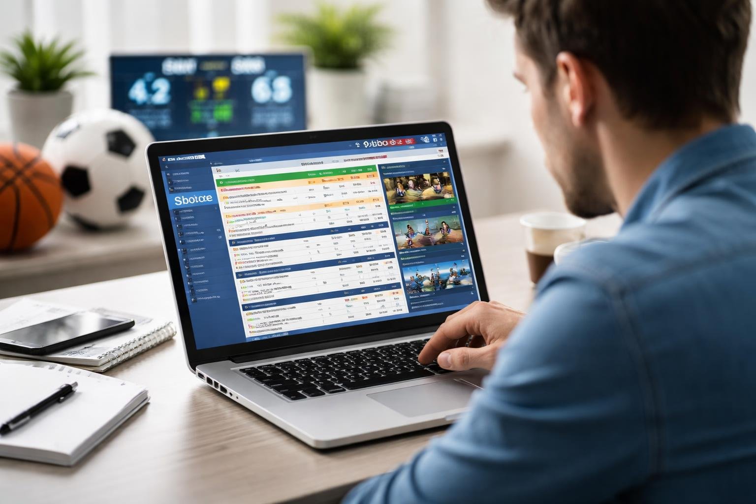 Seseorang sedang menggunakan laptop untuk memasang taruhan olahraga Mix Parlay dengan fokus di sebuah meja kerja modern.