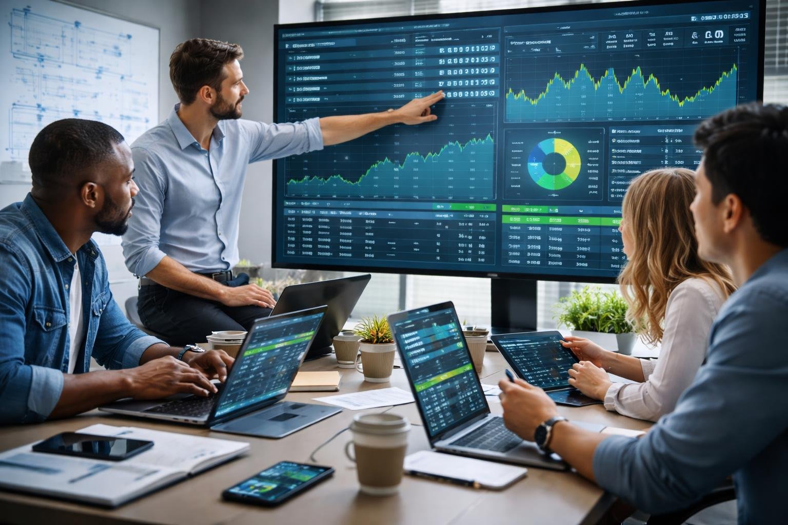 Sekelompok orang sedang menganalisis data taruhan olahraga di kantor modern dengan layar digital dan perangkat teknologi.